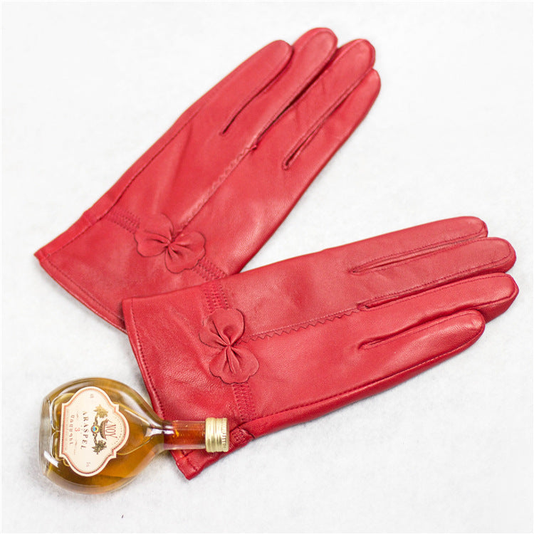 Autumn And Winter Sheep Leather Gloves Women Driving Cold Red Cute Bow Women Plus Velvet Warm Leather Gloves
