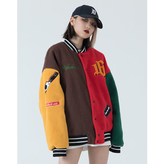 Retro Fashion Brand Lamb Wool Baseball Uniform Jacket Women