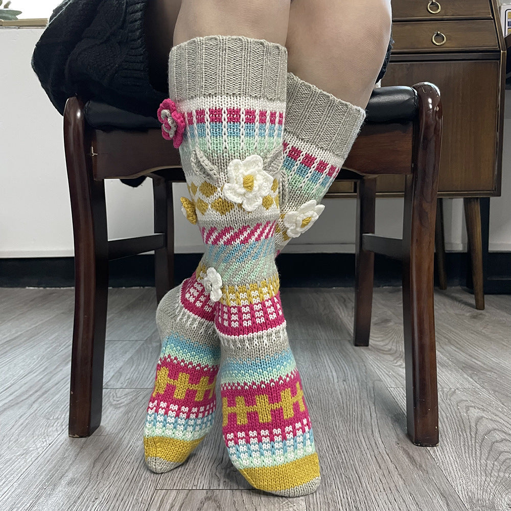 Ins Style Retro Jacquard Long Ladies Hand Crochet Floor Socks