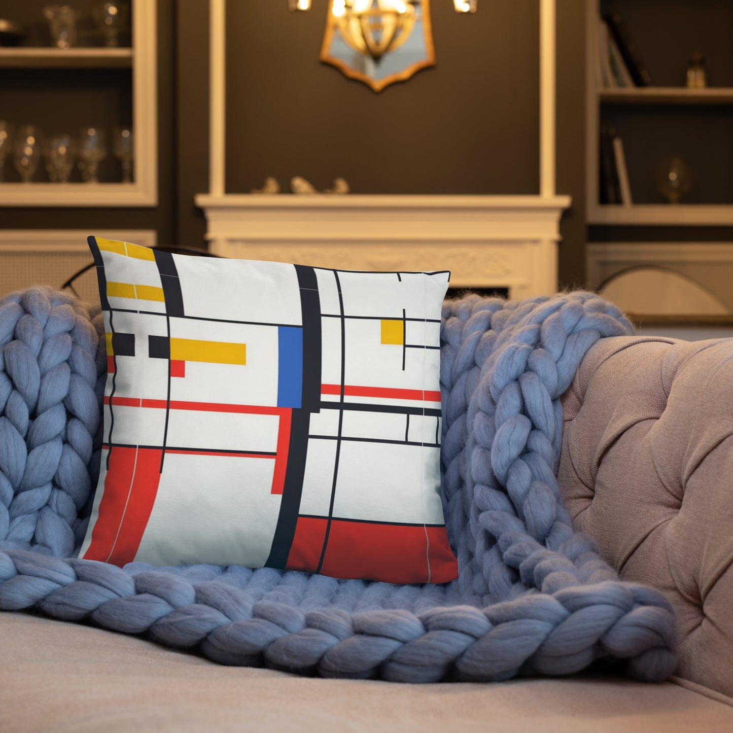 Basic Pillow / Piet Mondrian AI created design on 25.6.24 / Unique gift idea / Digital art fashion