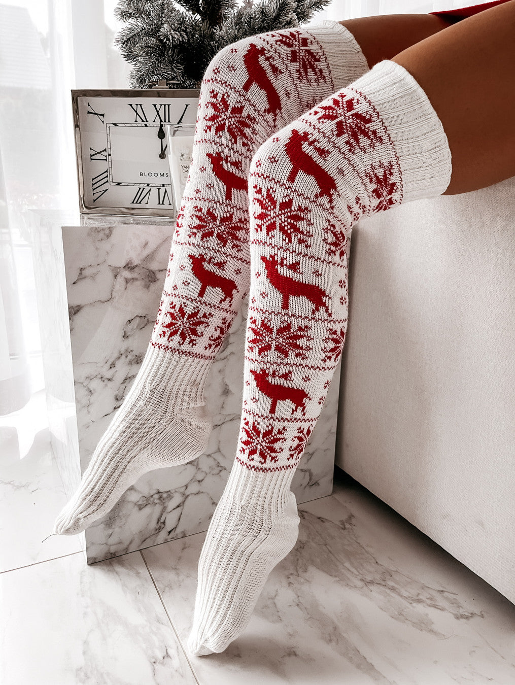 Women Long Socks Christmas Women Knitted Cotton Woolen Stocking Warm Thigh High Over The Knee Cute Deer Printing Socks Twist Cable Crochet