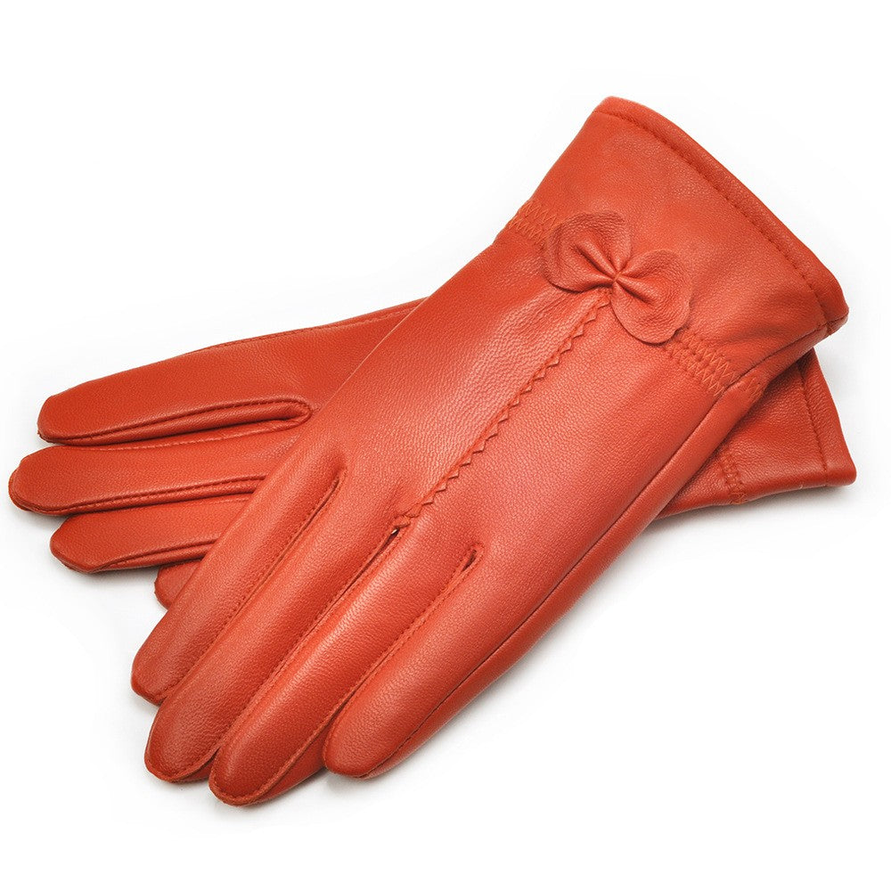 Autumn And Winter Sheep Leather Gloves Women Driving Cold Red Cute Bow Women Plus Velvet Warm Leather Gloves