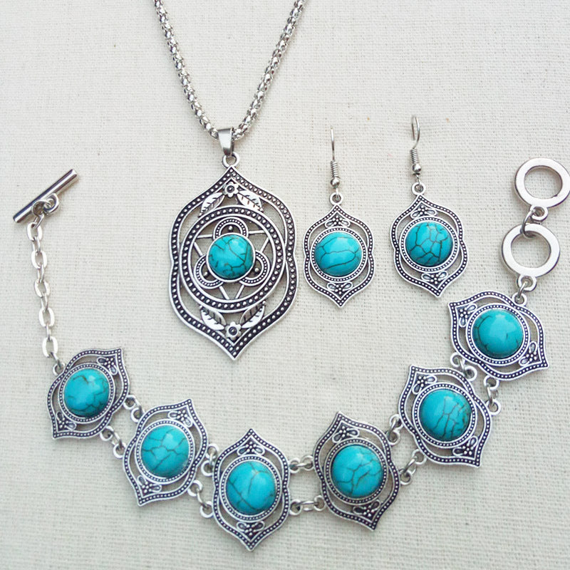 Vintage Jewelry Turquoise Ethnic Style Earring Necklace Bracelet Jewelry Set