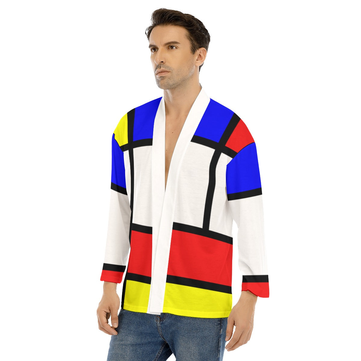 All-Over Print Men's Short Coat With Bracelet Sleeve with Mondrian design (shipping from China)