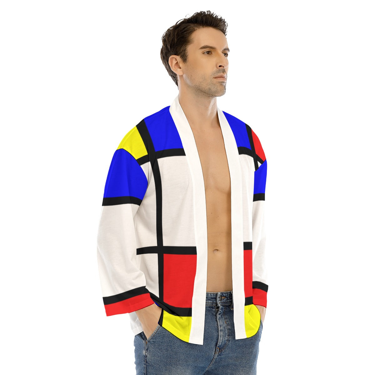 All-Over Print Men's Short Coat With Bracelet Sleeve with Mondrian design (shipping from China)