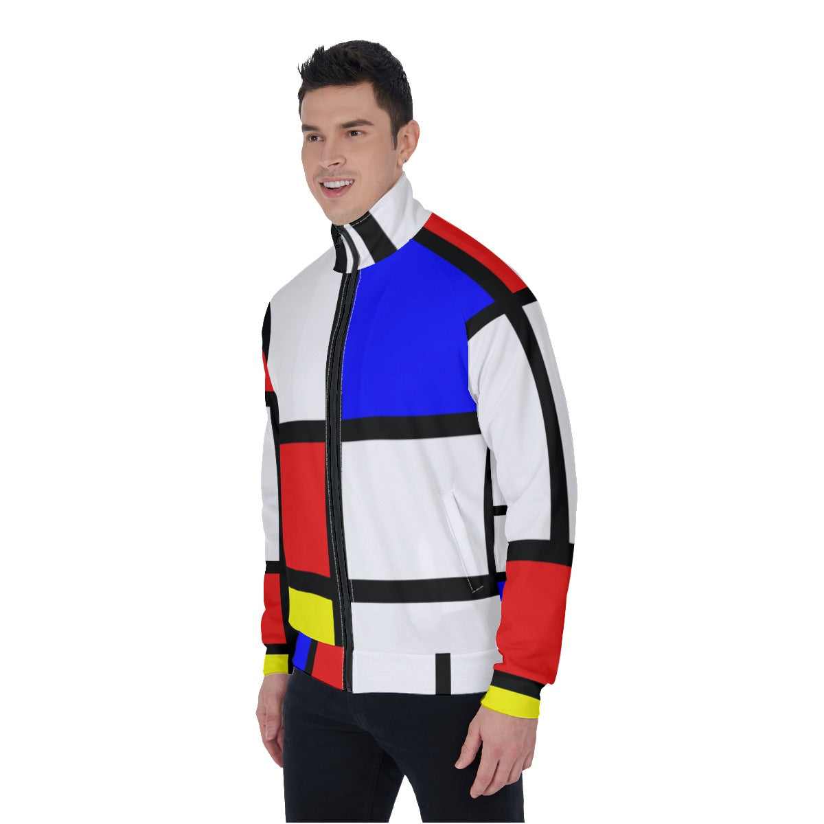 All-Over Print Men's Stand Collar Jacket with Mondrian design (shipping from China)