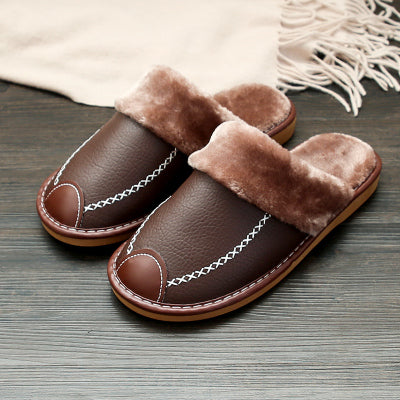 Couple cotton slippers winter home men and women autumn and winter leather surface winter lint floor indoor women's old man outdoor