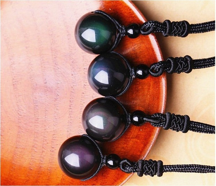 Natural Obsidian Rainbow Eye Transfer Good Luck Bead Pendant Necklace Polyester Rope Chain Necklace Jewelry For Woman