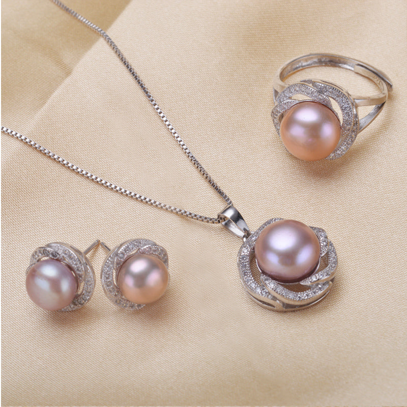 Freshwater Pearl Set Silver Ring Pearl Stud Earrings Pendant