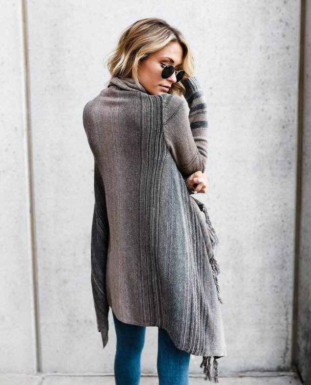 Mid-length slim fashion tassel striped jacket sweater