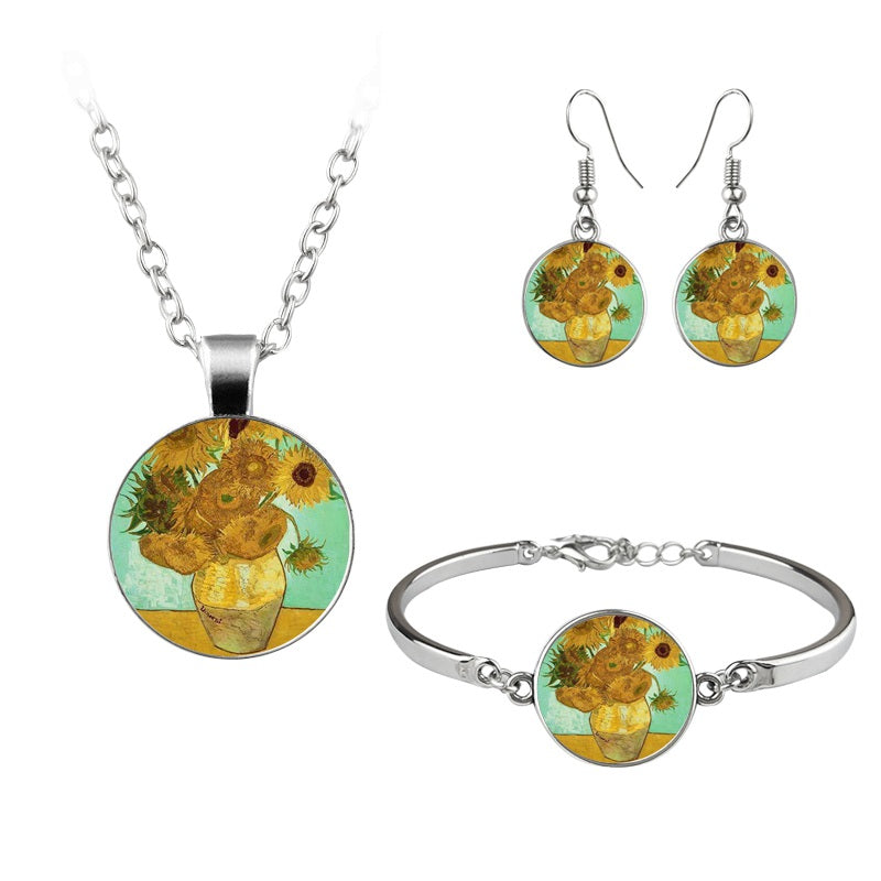 Vintage Van Gogh Klimt Oil Painting Dome Cabochon Glass Necklace Earrings Bracelet Jewelry Set