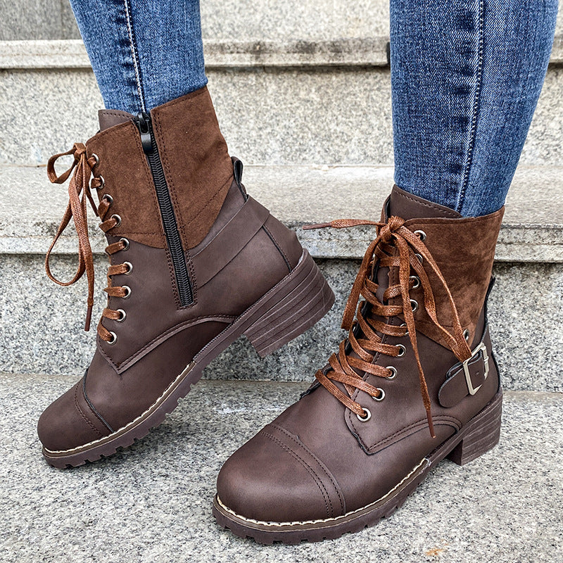 Lace-up Boots Winter Buckle Cowboy Boots Women Low Heel Shoes