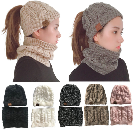Autumn Winter Women's Hat Caps Knitted Warm ring Scarf Windproof Balaclava Multi Functional CC ponytail Hats Scarf Set For Women