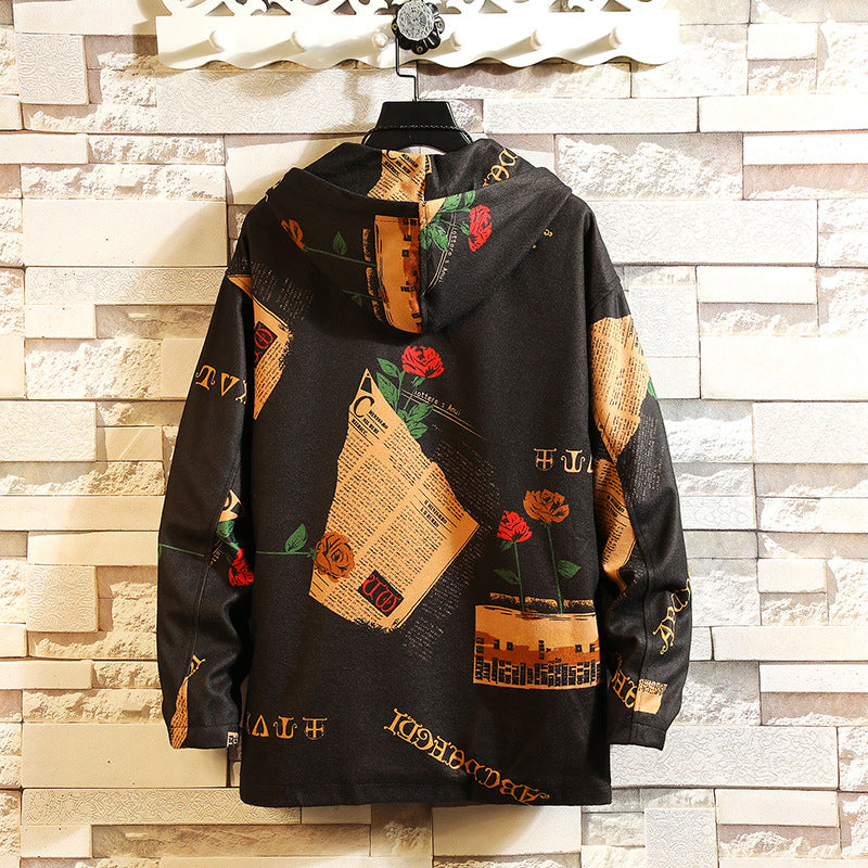 Men's fashion floral hooded jacket jacket youth casual simple jacket