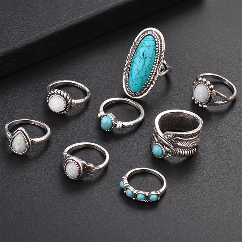 Geometrical Leaf Gemstone Eight-piece Ring