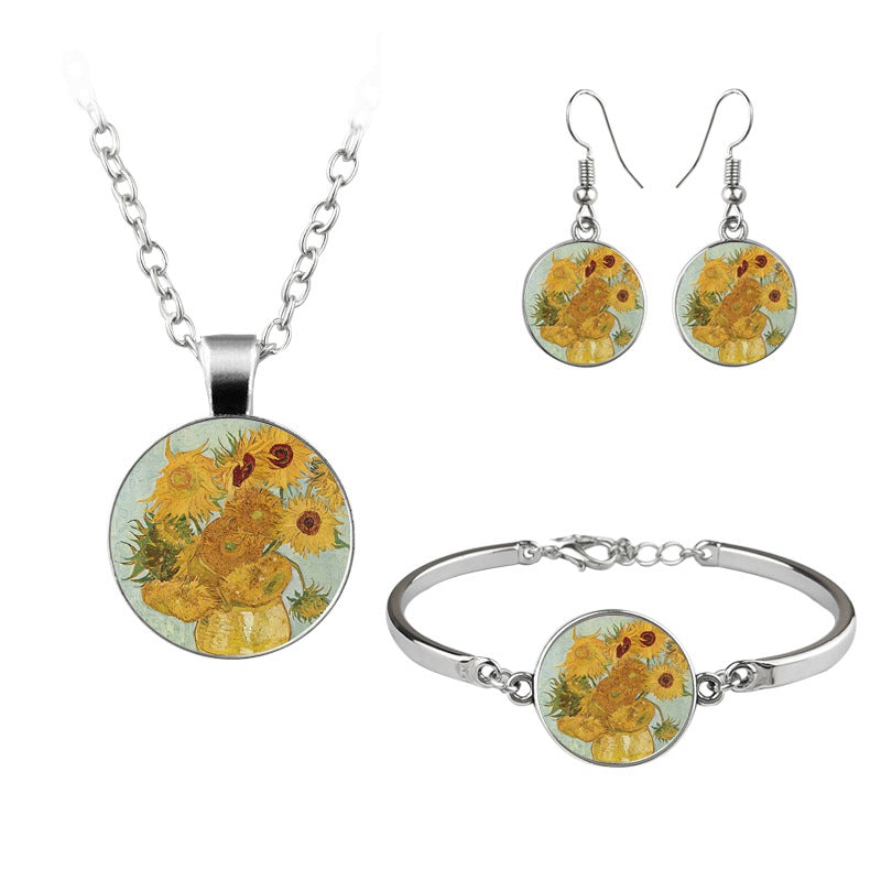 Vintage Van Gogh Klimt Oil Painting Dome Cabochon Glass Necklace Earrings Bracelet Jewelry Set