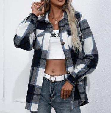 Long-sleeved Thick Cashmere Plaid Top Loose Casual Shirt Jacket