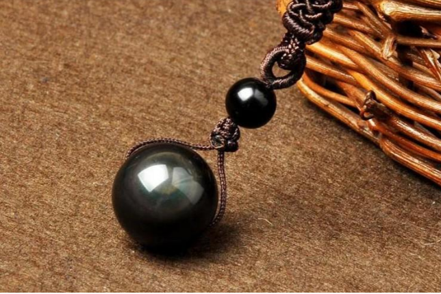 Natural Obsidian Rainbow Eye Transfer Good Luck Bead Pendant Necklace Polyester Rope Chain Necklace Jewelry For Woman
