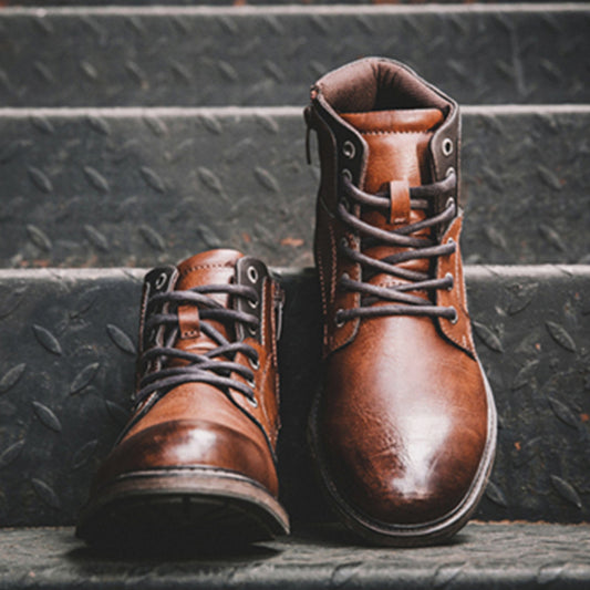 Men's leather shoes lace up retro high-top shoes