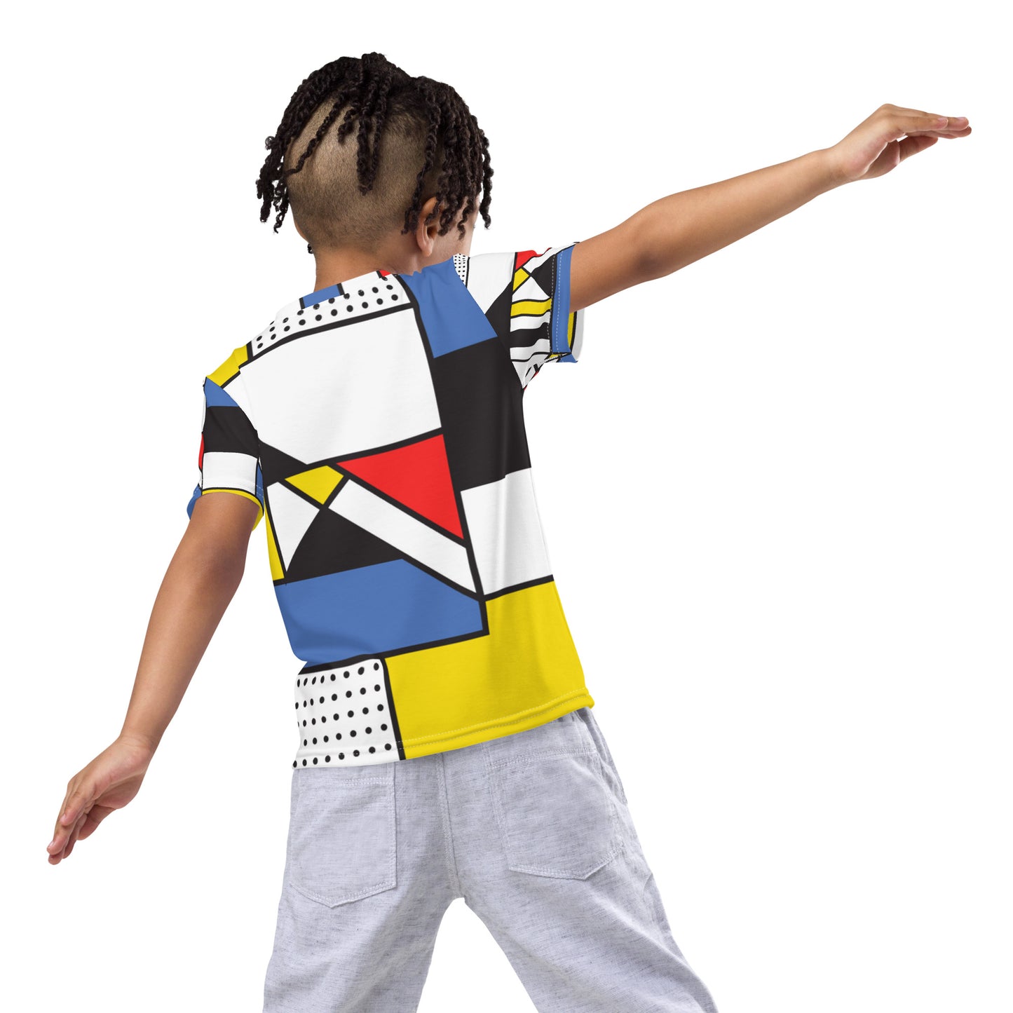 Kids crew neck t-shirt with Piet Mondrian design sourced Vecteezy.com
