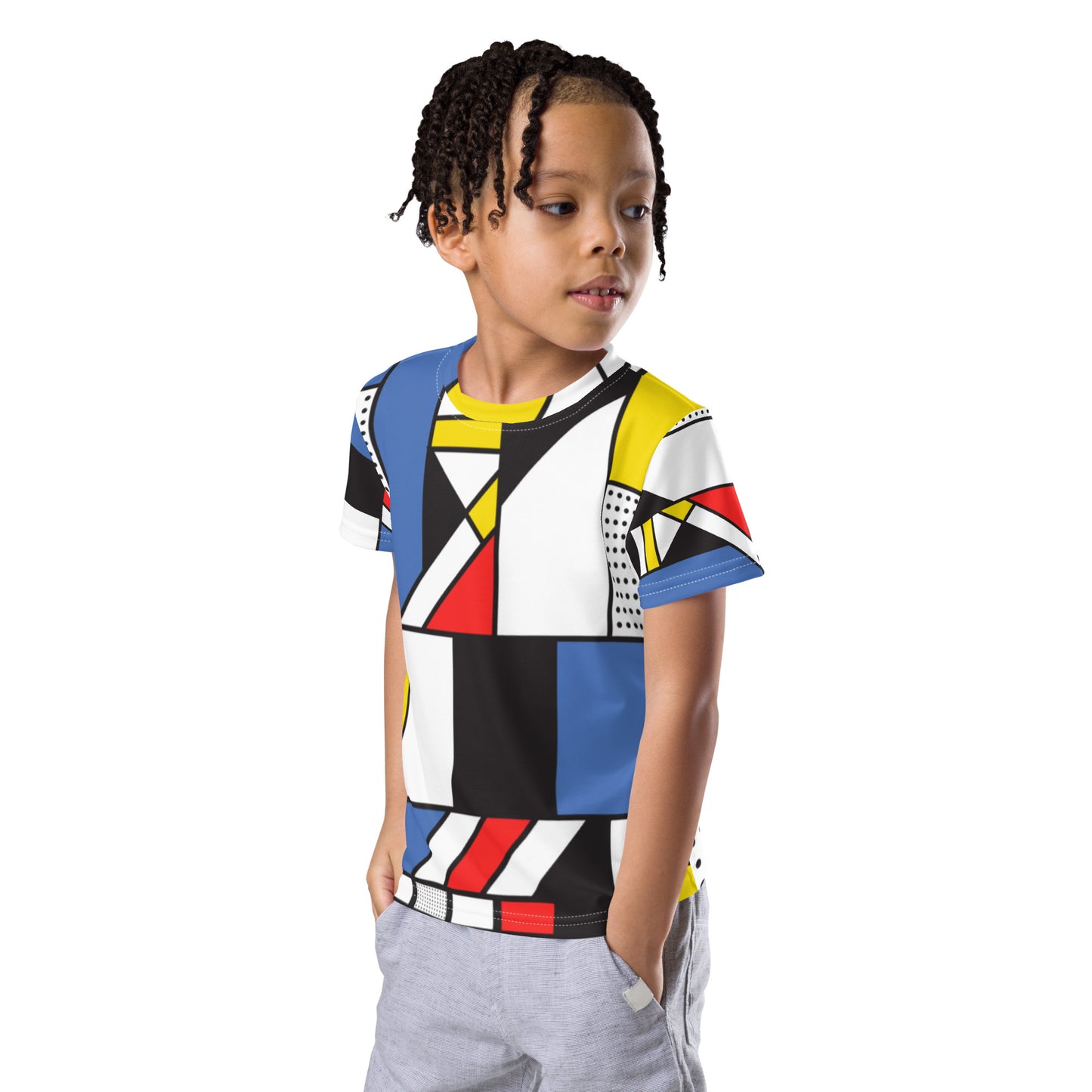 Kids crew neck t-shirt with Piet Mondrian design sourced Vecteezy.com