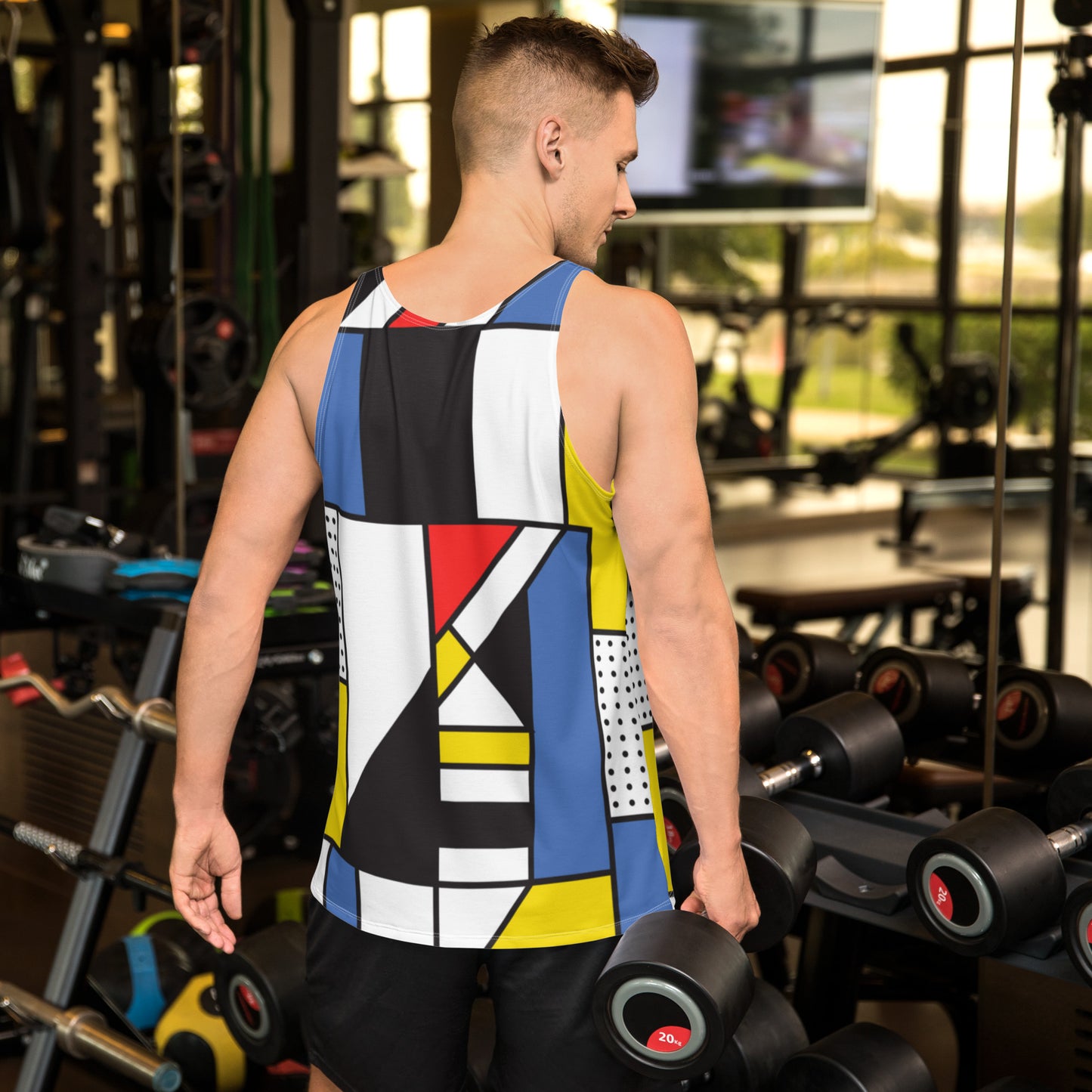 Unisex Tank Top with Piet Mondrian design sourced by Vecteezy.com