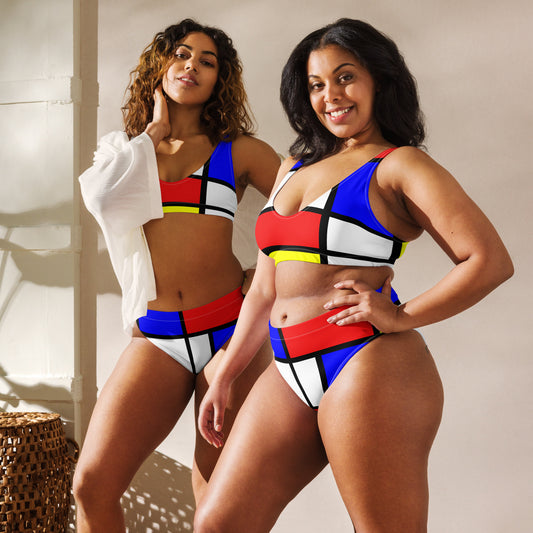 Recycled high-waisted bikini with Mondrian design shipping from US & Latvia