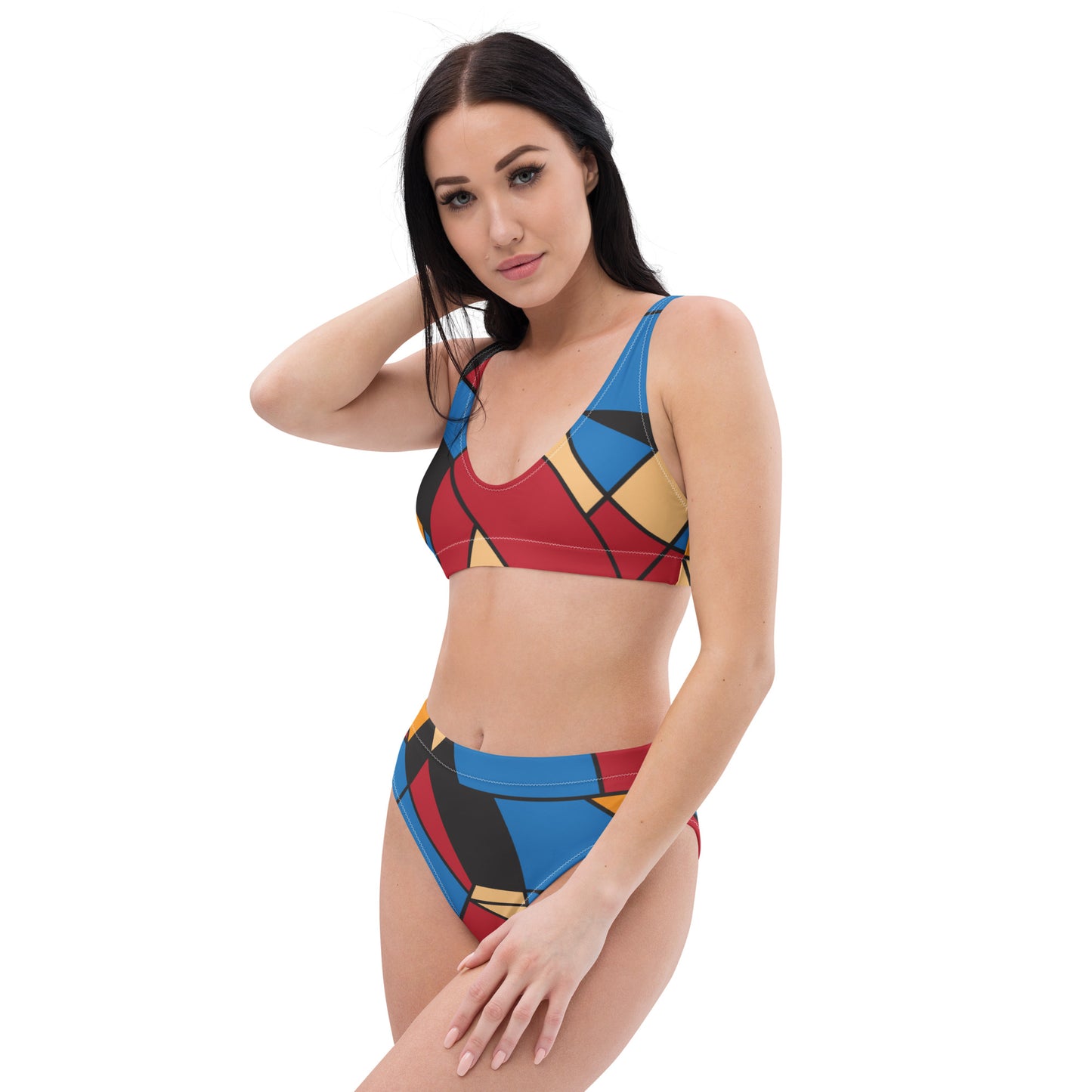 Recycled high-waisted bikini with Mondrian design sourced by Vecteezy.com
