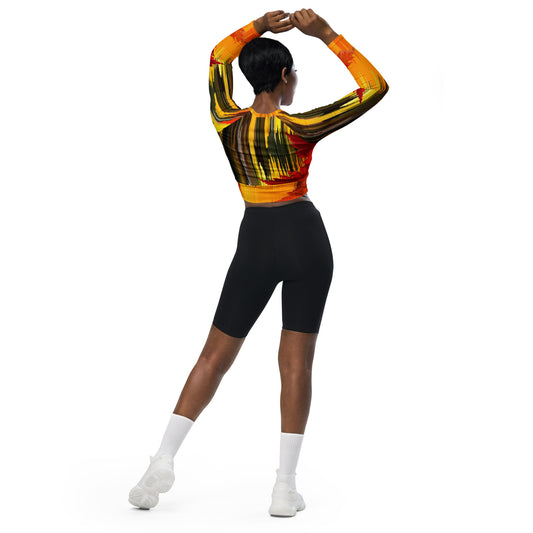 Recycled long-sleeve crop top with autumn colorful design