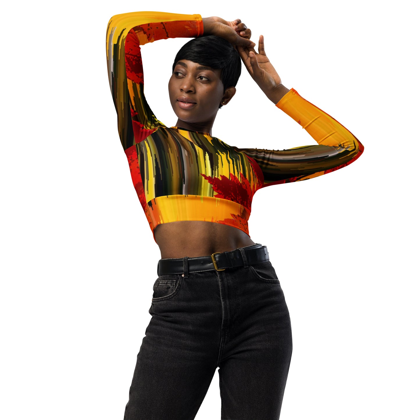 Recycled long-sleeve crop top with autumn colorful design