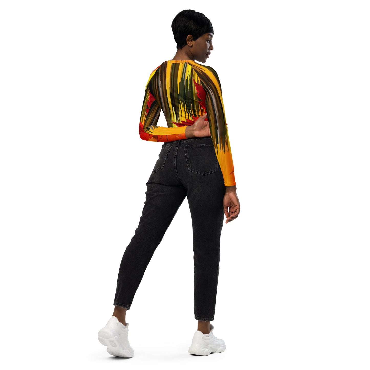 Recycled long-sleeve crop top with autumn colorful design