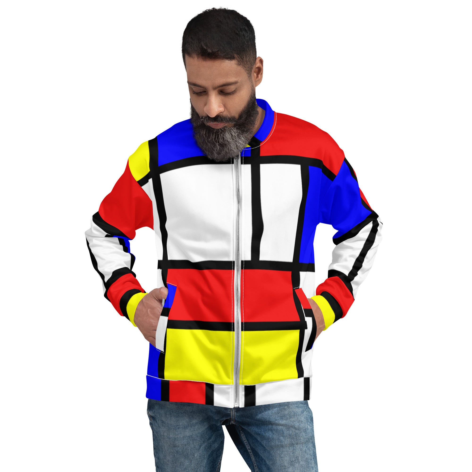 Designer Bomber Jacket women men Piet Mondrian wearable art vintage clothing popular unisex artistic italian fashion yellow luxury creative trendy