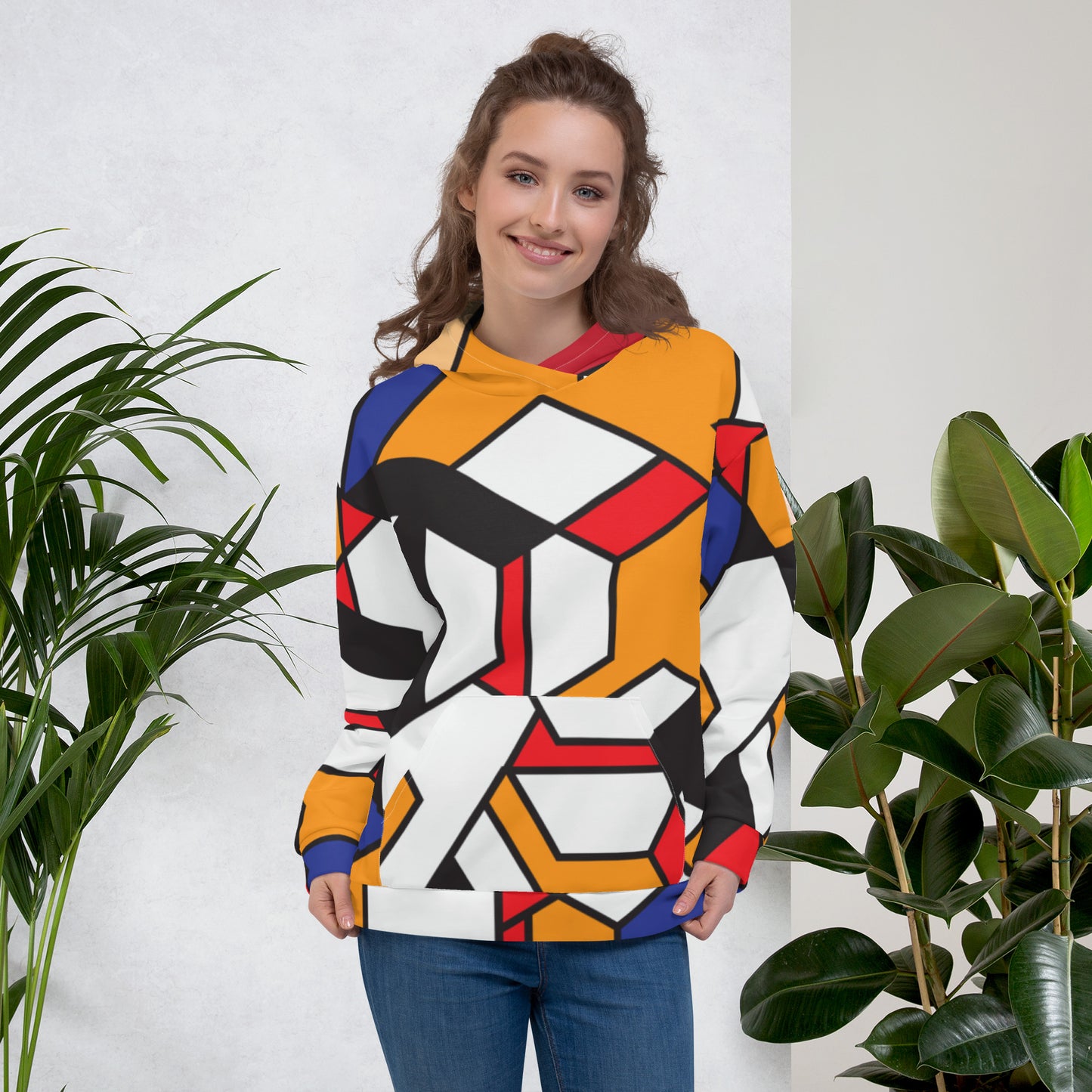 Unisex Hoodie with Piet Mondrian design sourced by Vecteezy.com