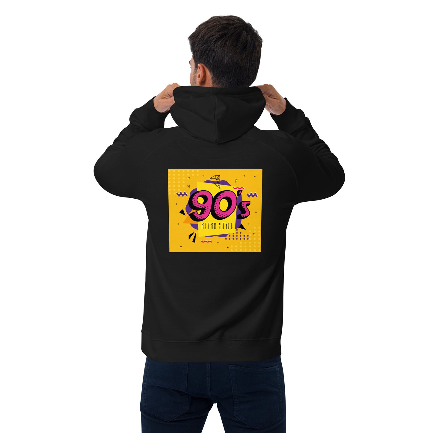 Unisex eco raglan hoodie with 90s retro Pop art design (sourced Vecteezy.com)
