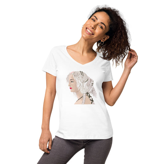 Women’s fitted V-neck t-shirt with Botticelli design (shipping to Europe)